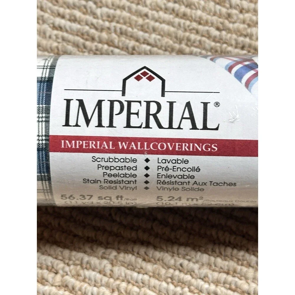 Imperial Wall paper Plaid vinyl Blue White 11 yd x 20.5 inch Union Made USA vtg